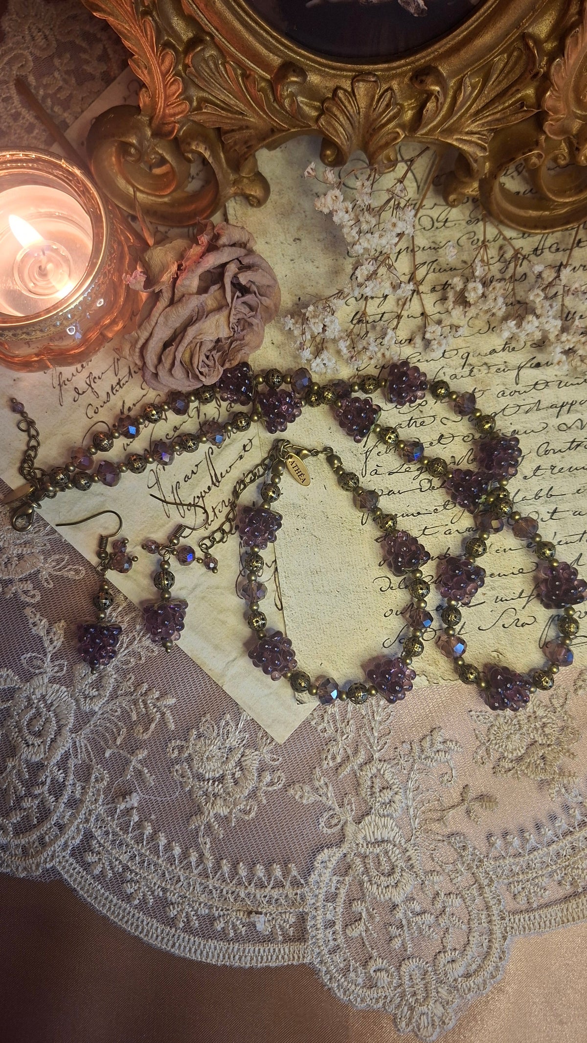 Schmuckset komplett – Halskette, Armband und Ohrringe mit Lampwork-Himbeerperlen