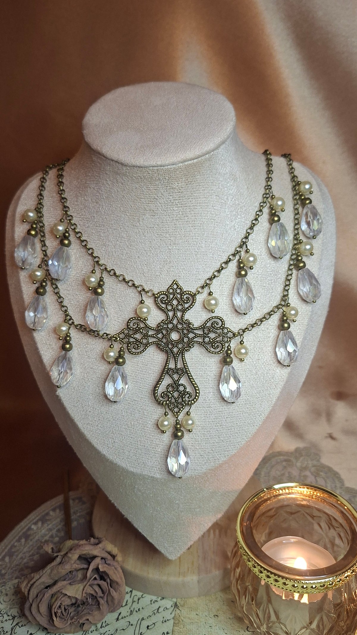 Vintage Collier – Doppelreihige Messing & Glasperlen Halskette