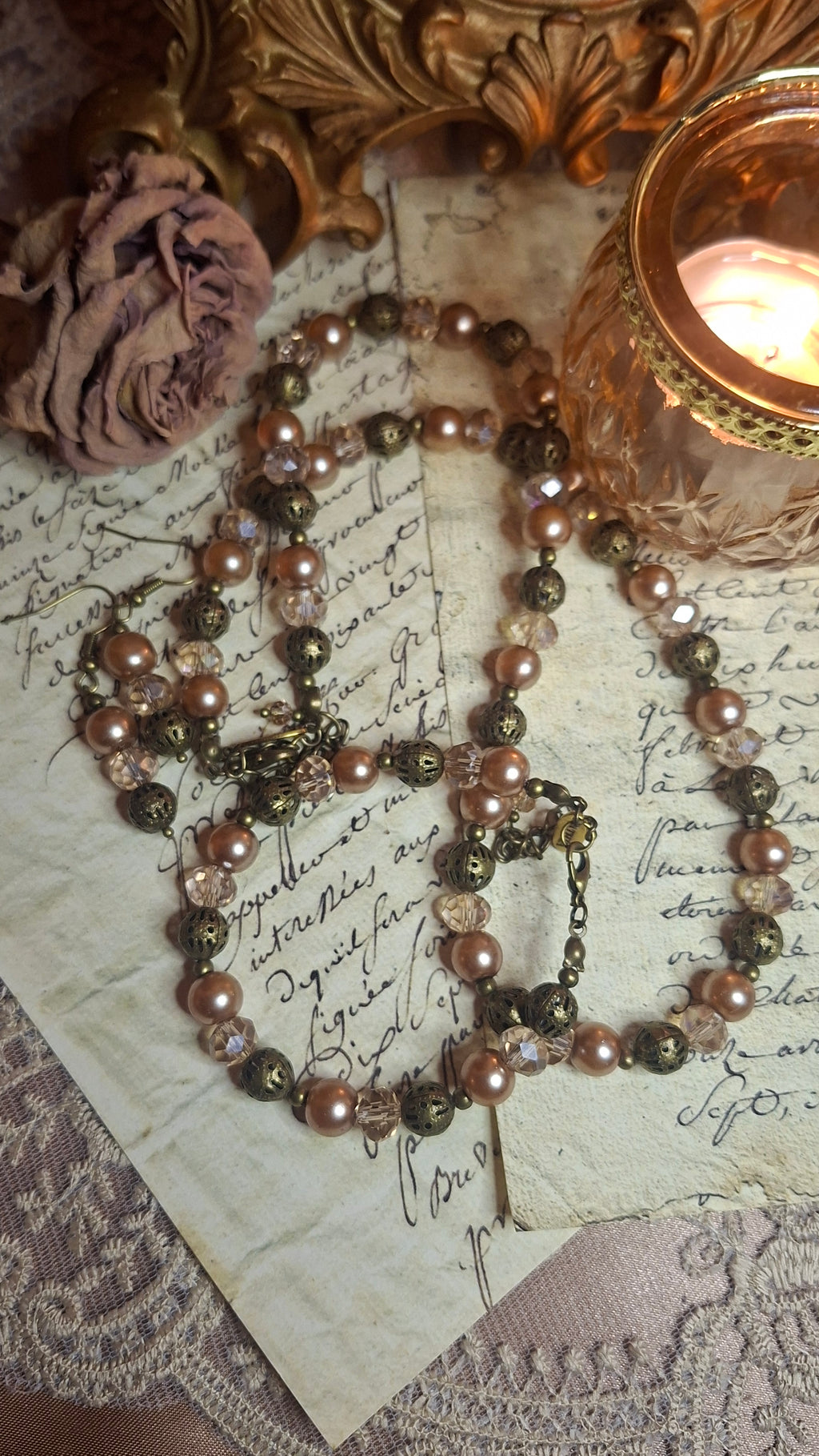 Rosé Perlen Schmuckset – Halskette, Armband & Ohrhänger | Messing & Wachsglasperlen