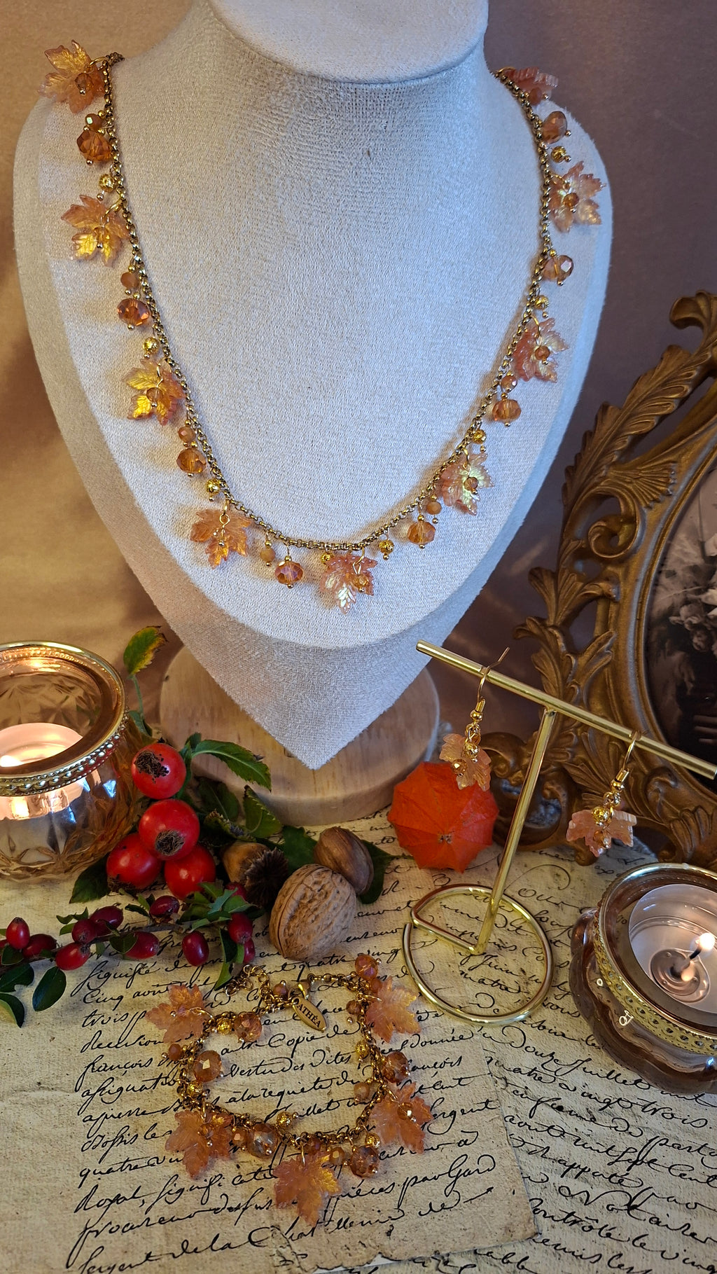 Herbstzauber mit Ahornblätter Schmuckset mit Glasblättern – Unikat